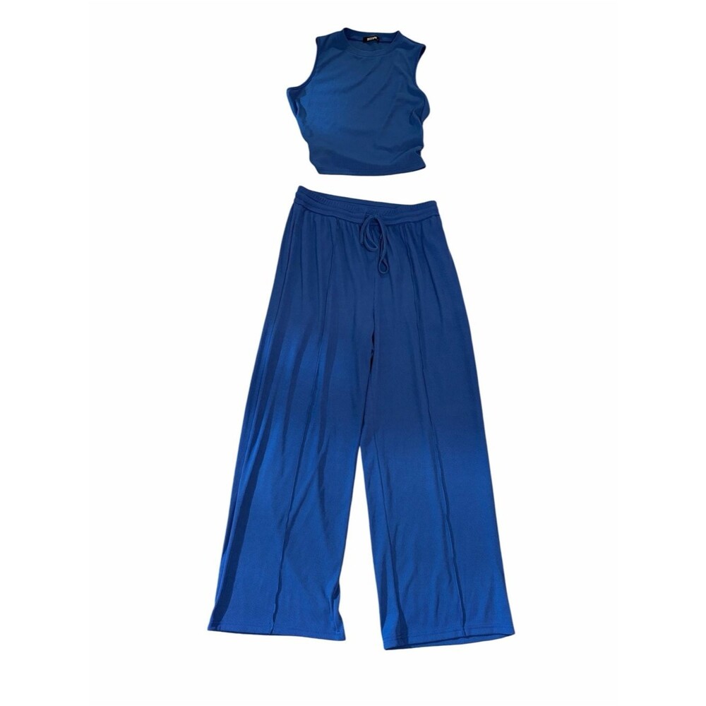 BTFBM Blue Two Piece Lounge Set Size Large Wide Leg Pants Matching Top